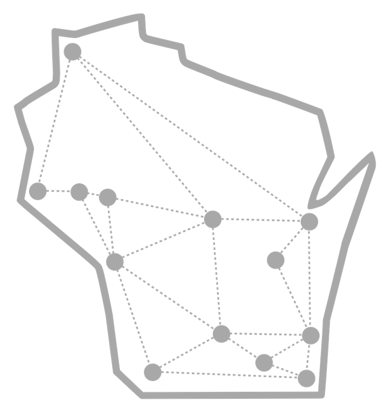 13 dots connected to each other by dashed lines in an outline of the state of wisconsin.
